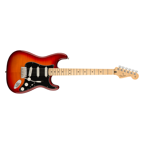 Electric guitar front on fender brand in orange wood stain and black pickguard