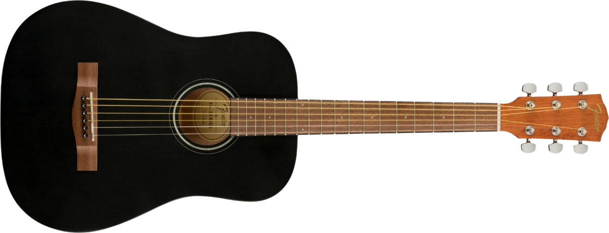 A black Fender FA-15 3/4 Scale Steel String Acoustic Guitar with a wooden fingerboard and a gig bag.