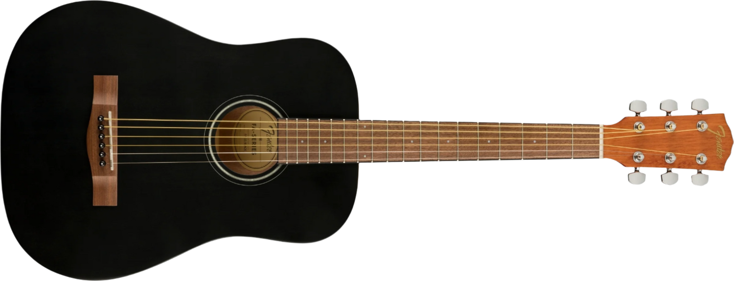 A black Fender FA-15 3/4 Scale Steel String Acoustic Guitar with a wooden fingerboard and a gig bag.