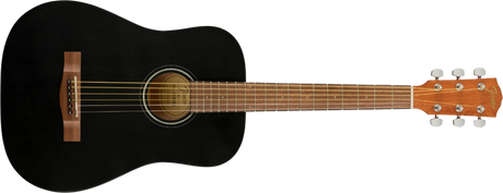 A black Fender FA-15 3/4 Scale Steel String Acoustic Guitar with a wooden fingerboard and a gig bag.