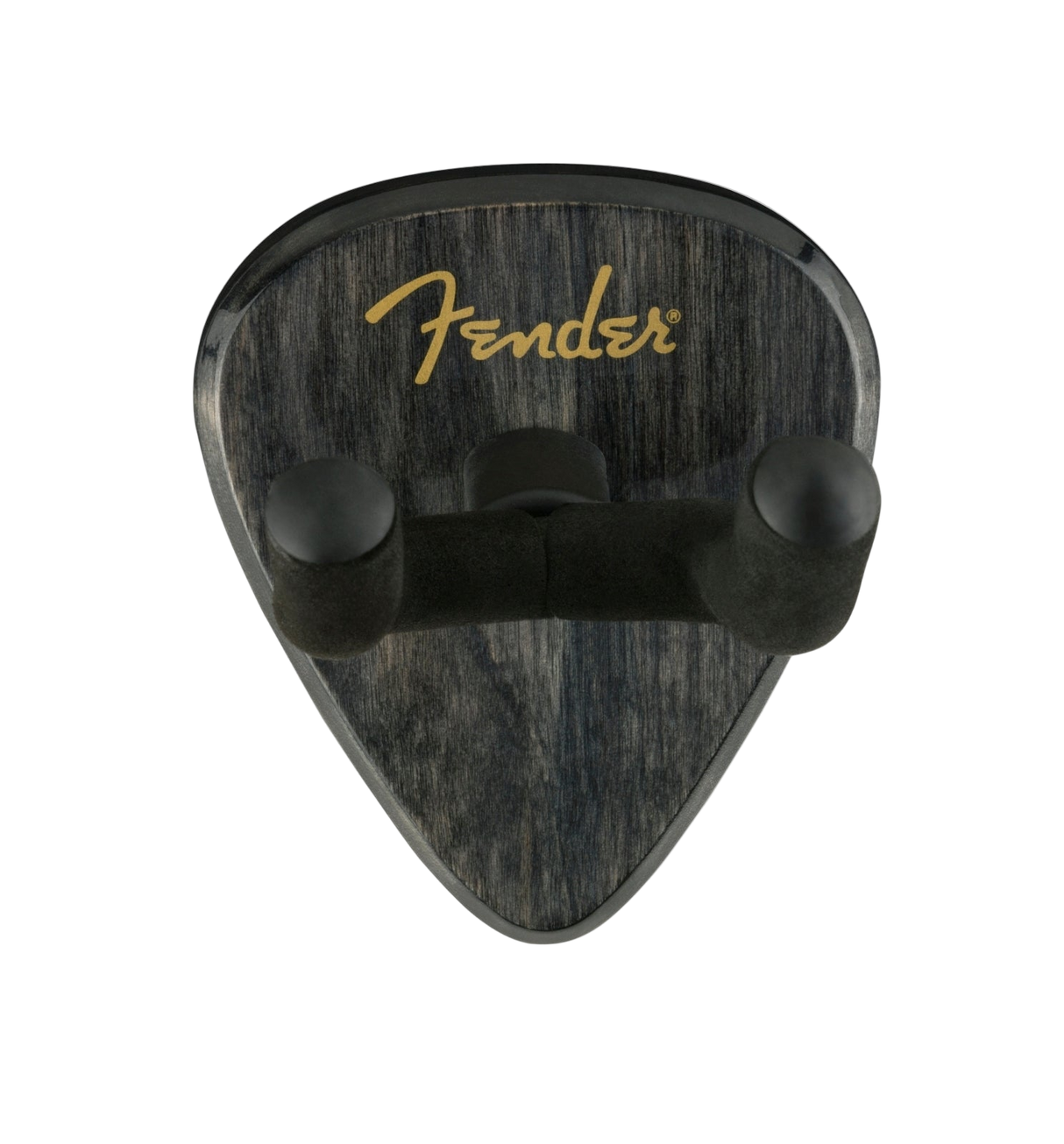 Fender guitar pick-shaped wall hook with gold logo on a white background
