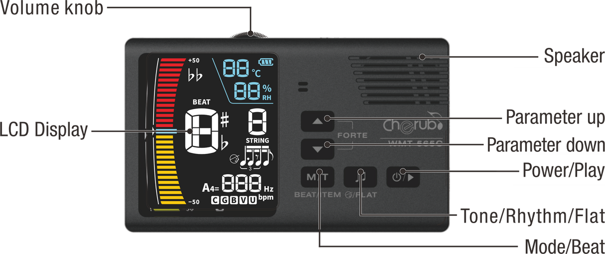 CHERUB WMT-565T '5 in 1' Combo Metronome, Tuner, Sound, Hygrometer and Thermometer + Pickup!