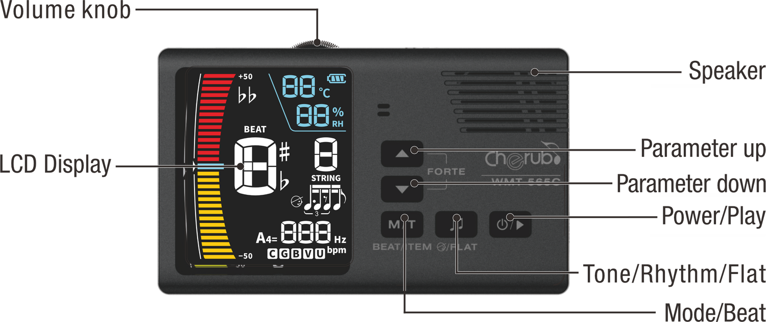 CHERUB WMT-565T '5 in 1' Combo Metronome, Tuner, Sound, Hygrometer and Thermometer + Pickup!