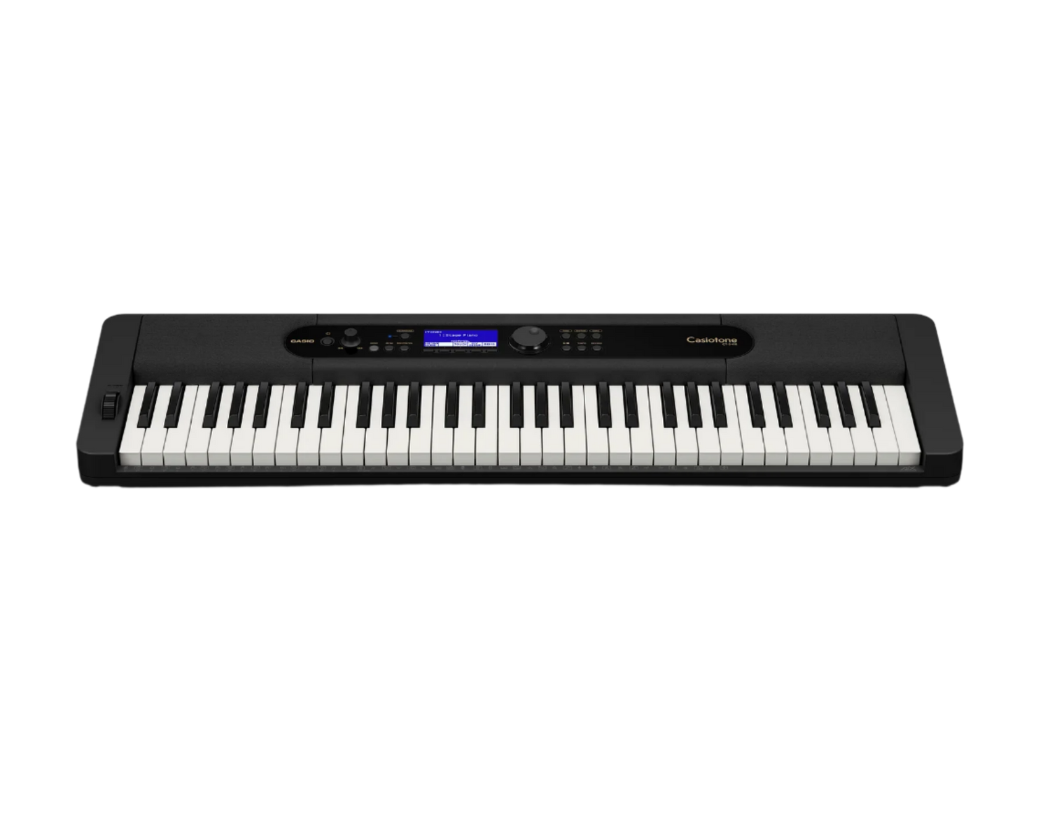 Casio ct s410 Digital piano with black casing and white keys on a clear background