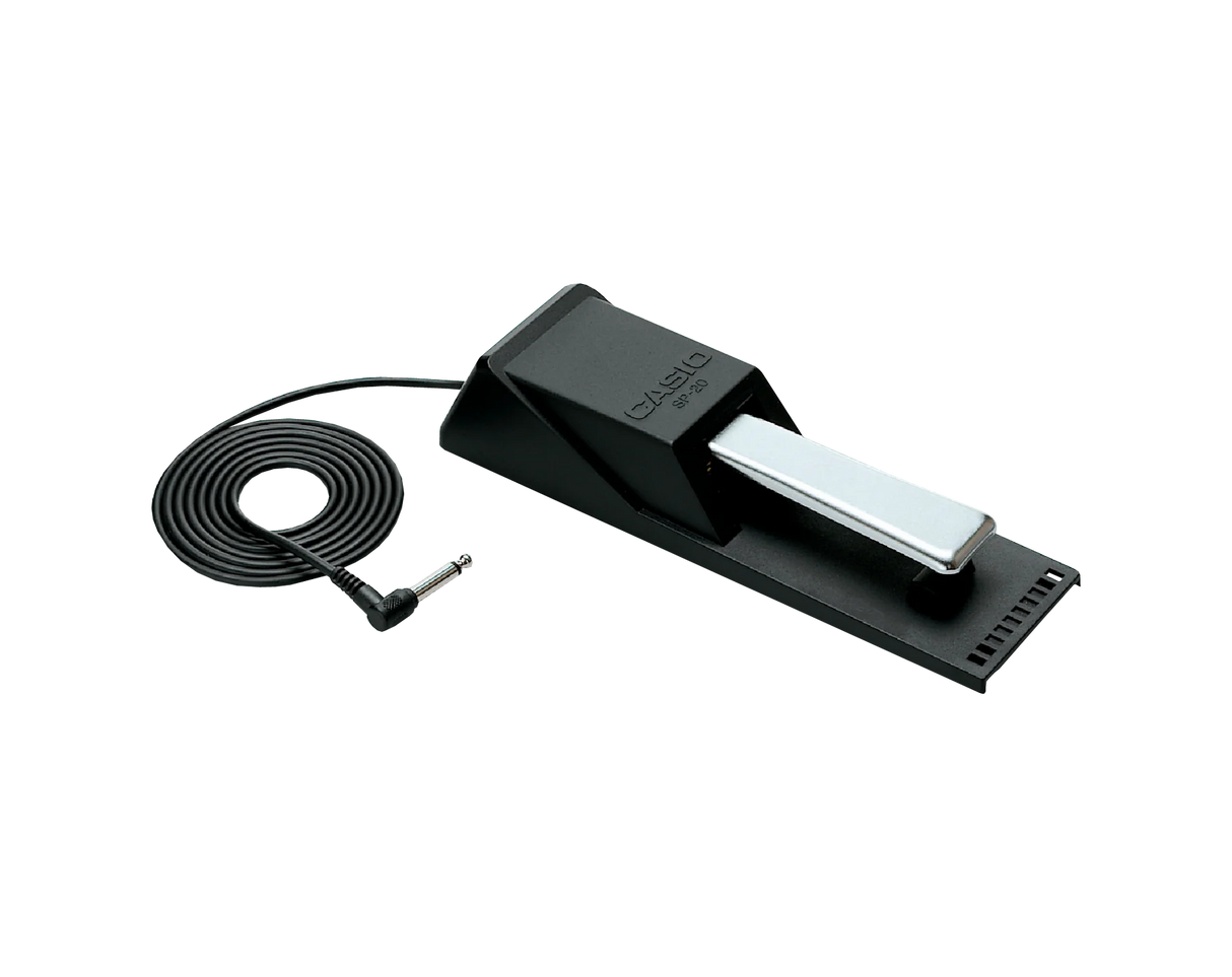 Black casio sustain pedal with cable on a clear background