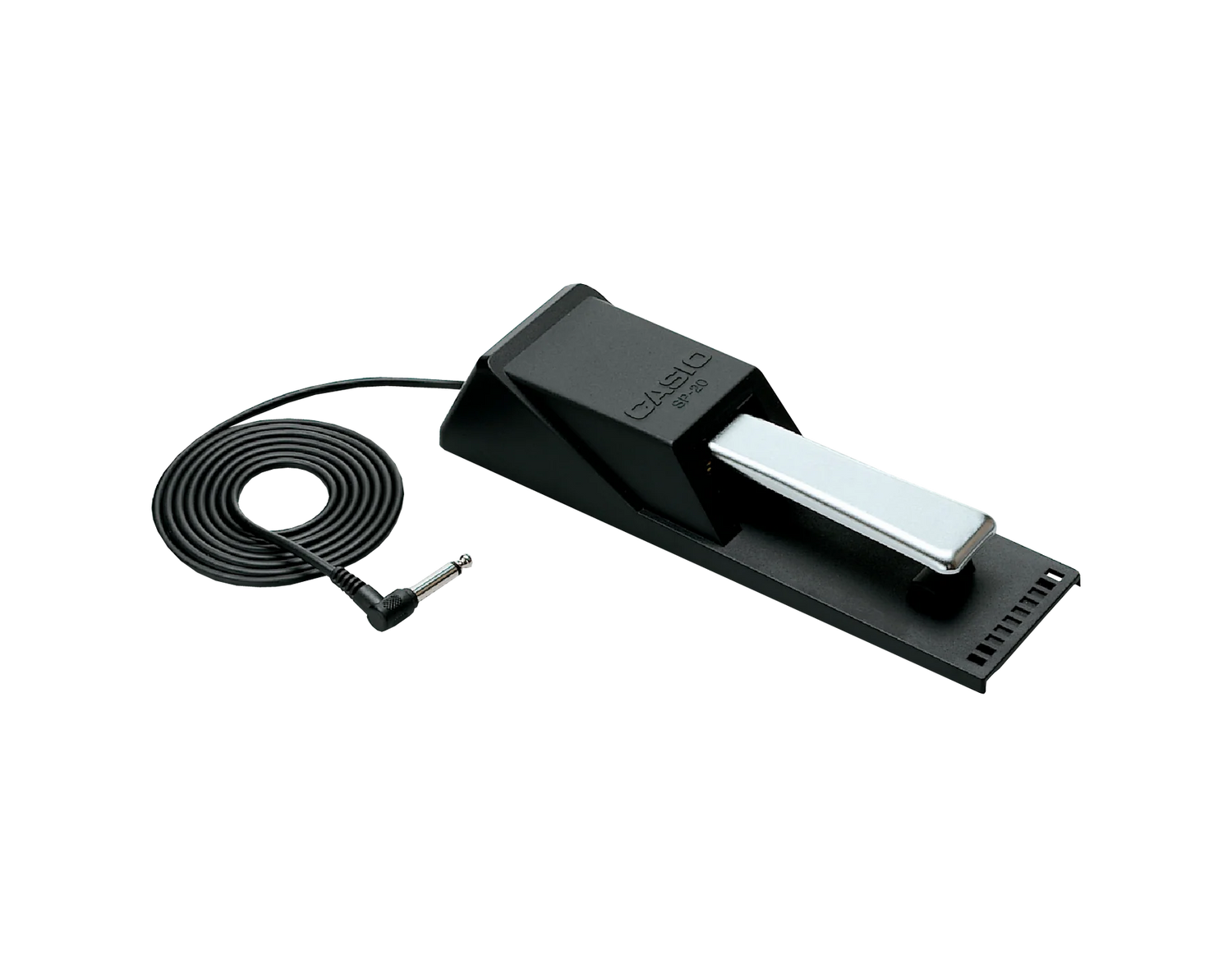 Black casio sustain pedal with cable on a clear background