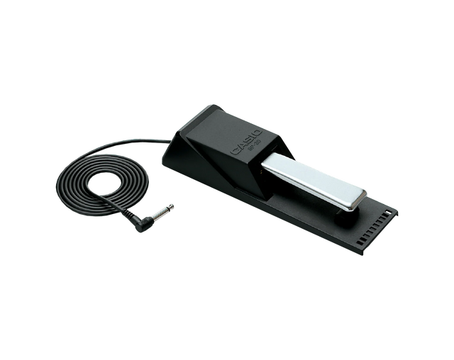 Black casio sustain pedal with cable on a clear background