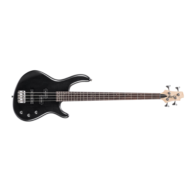 Black electric bass guitar on a white background