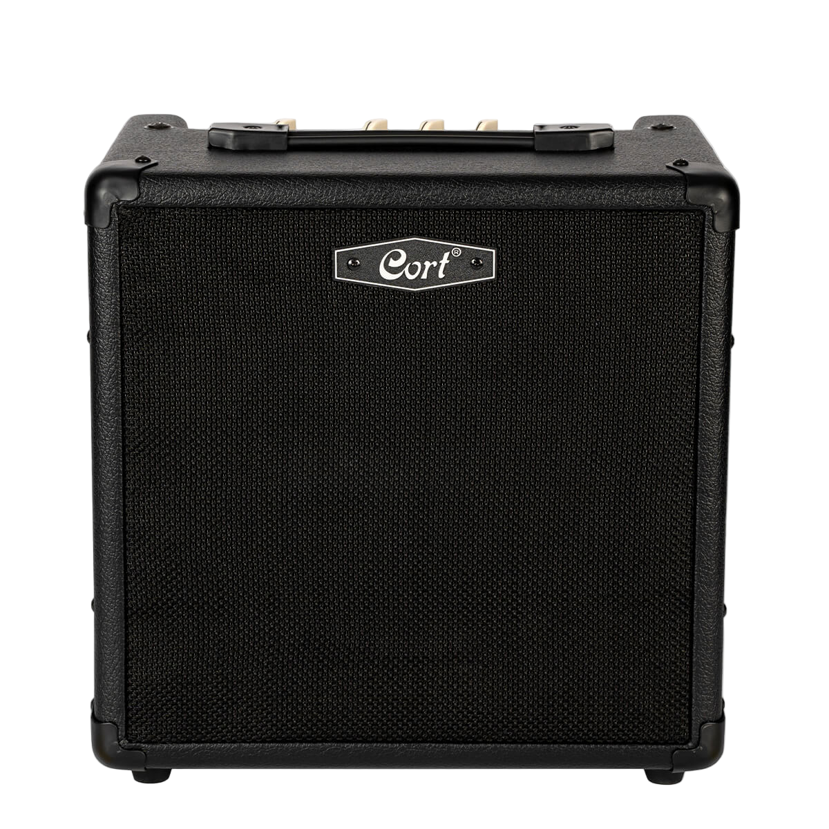 Black guitar amplifier with 'Cort' branding on a clear background