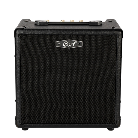 Black guitar amplifier with 'Cort' branding on a clear background