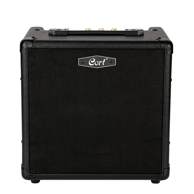 Black guitar amplifier with 'Cort' branding on a clear background