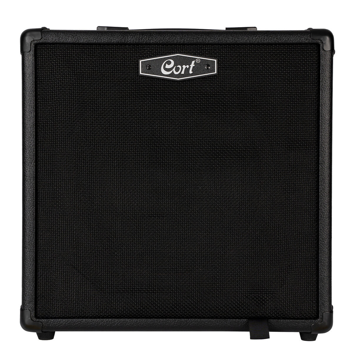 Black guitar amplifier with 'Cort' logo on a white background