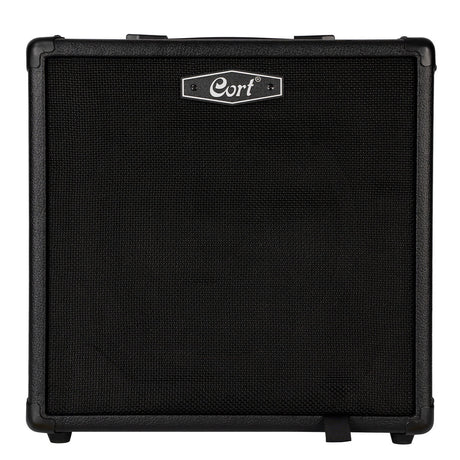 Black guitar amplifier with 'Cort' logo on a white background