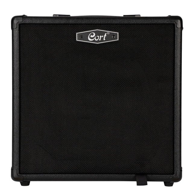 Black guitar amplifier with 'Cort' logo on a white background
