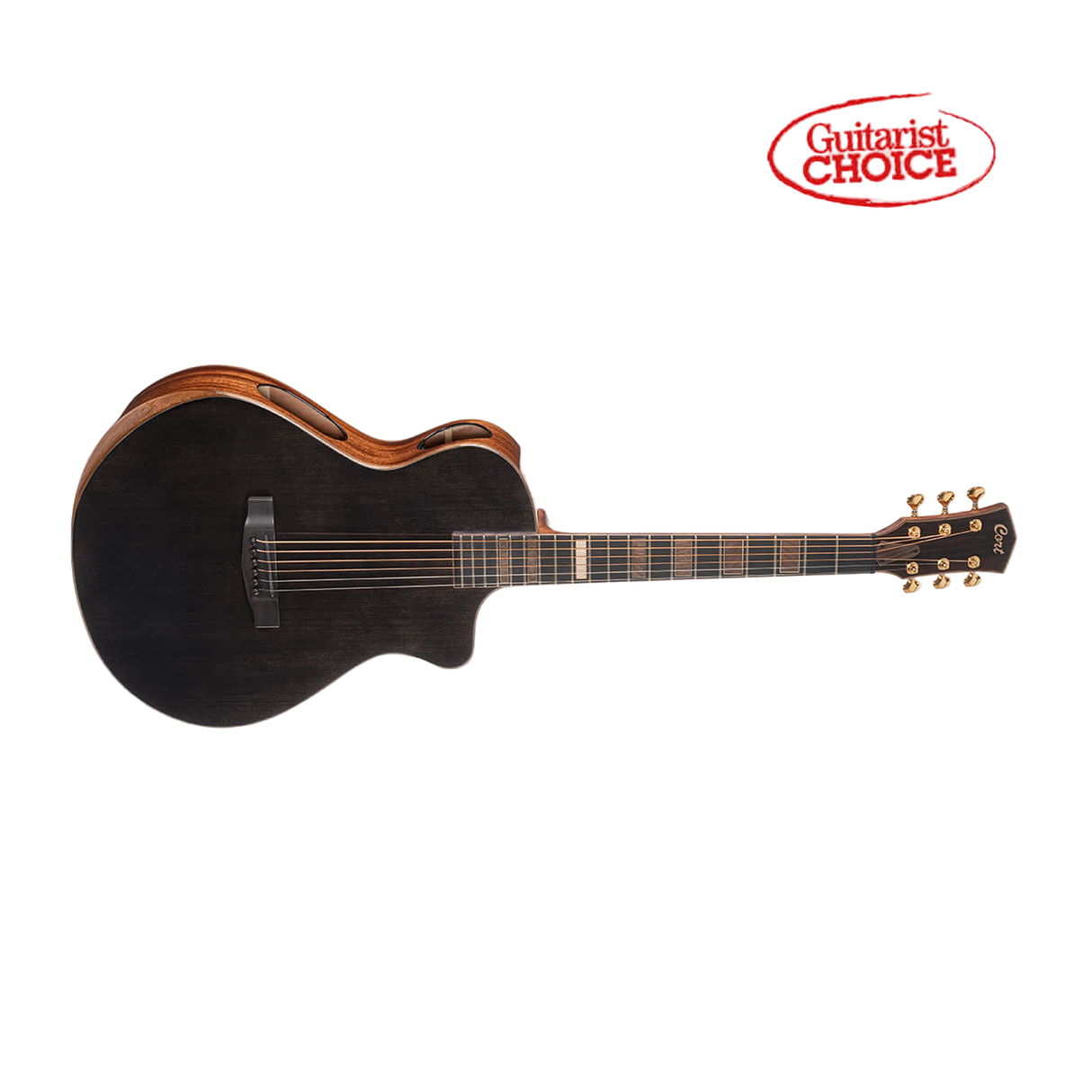 Cort modern black acoustic guitar front on with clear background