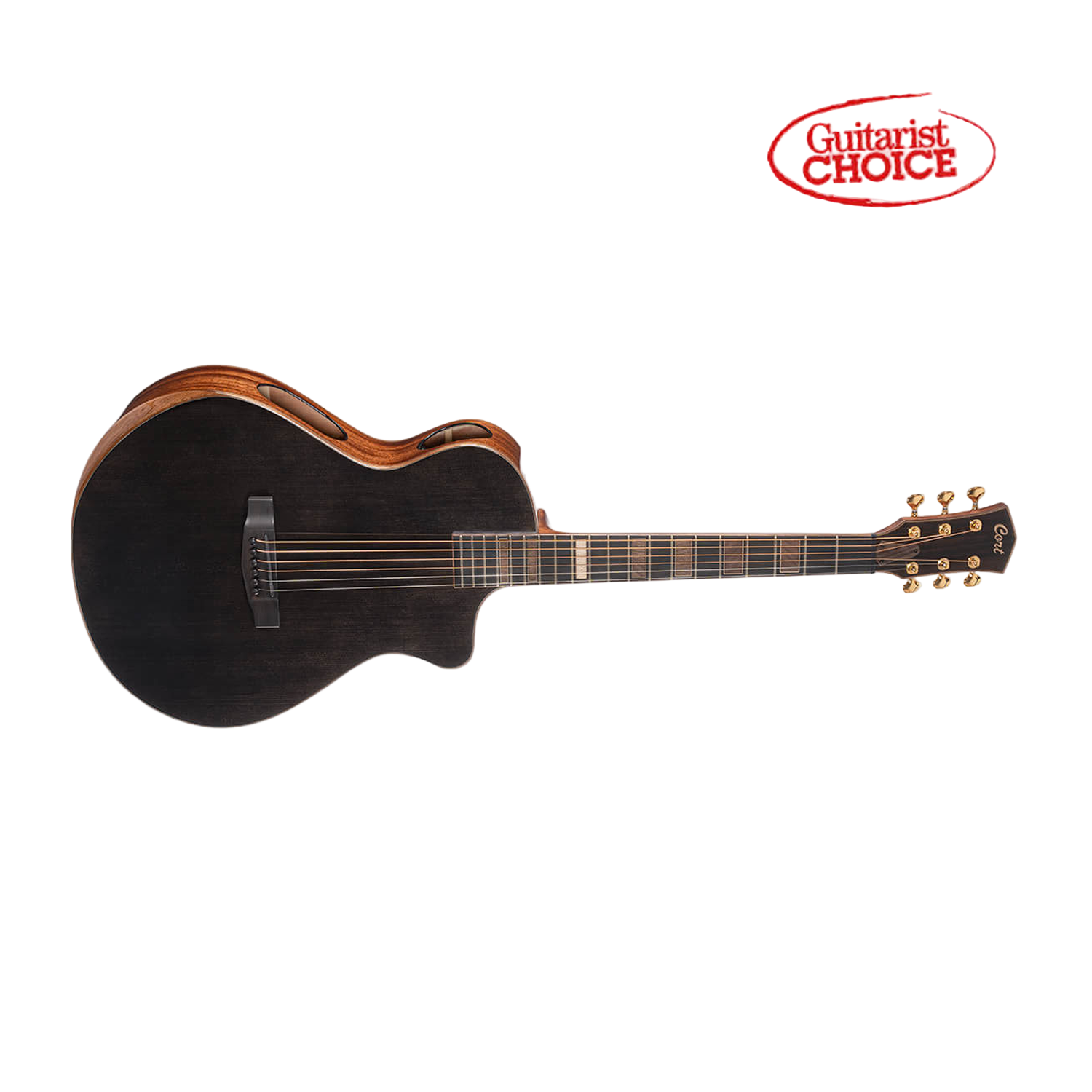 Cort modern black acoustic guitar front on with clear background