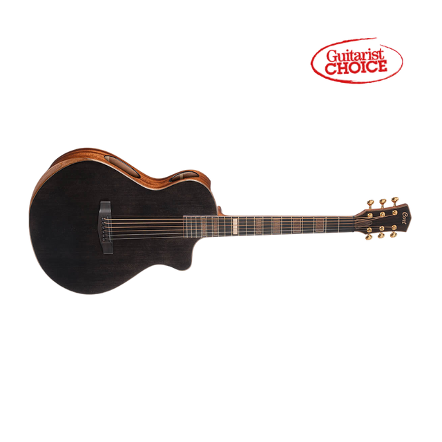 Cort modern black acoustic guitar front on with clear background