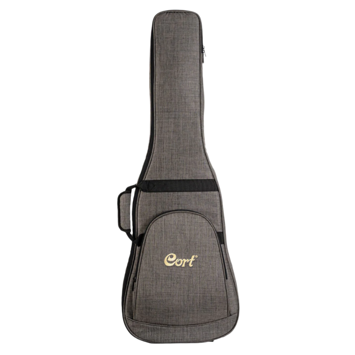 Gray guitar case with 'Cort' branding on a clear background