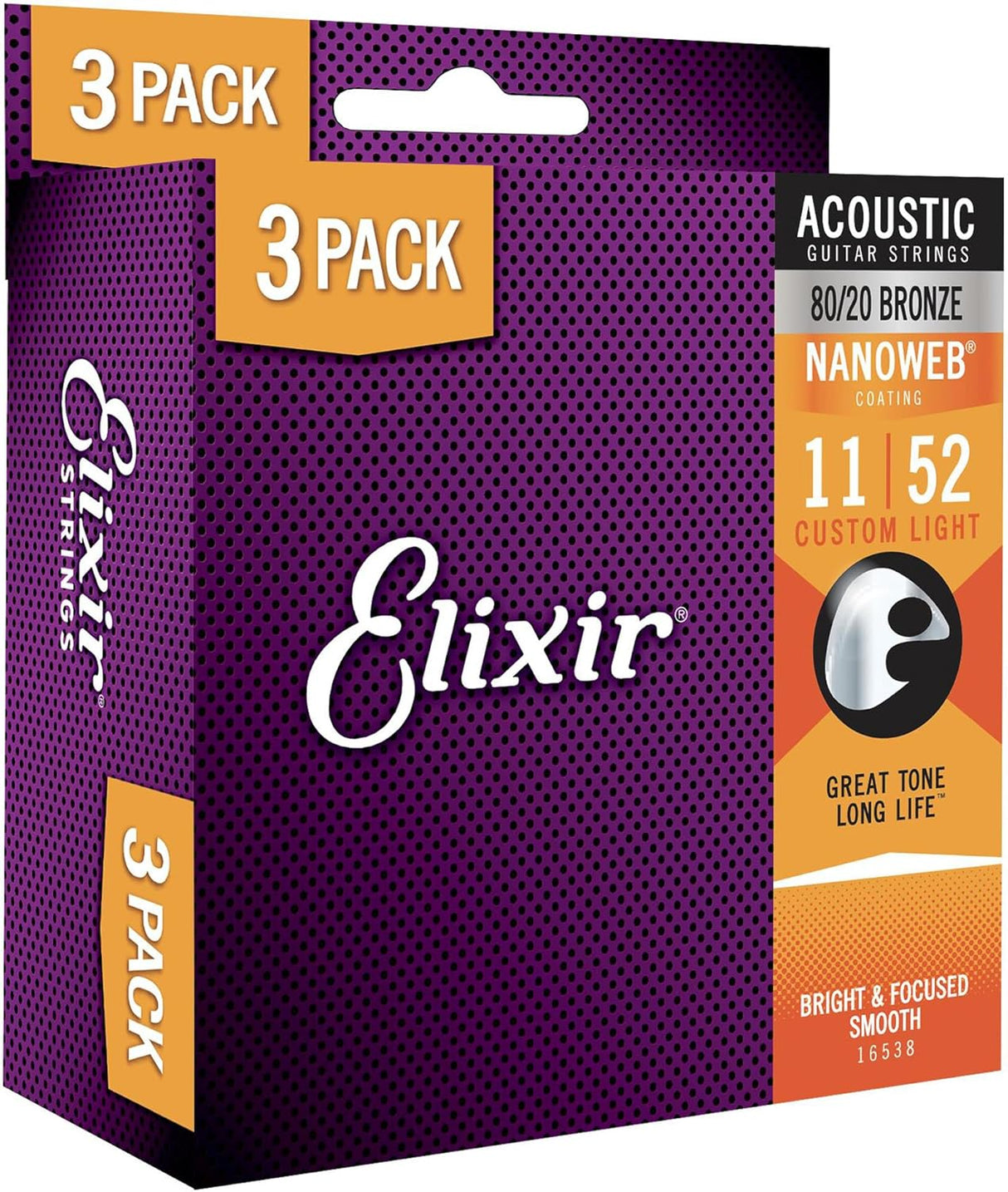 ELIXIR Nanoweb Bronze Acoustic Guitar Strings – Custom Light 11-52 Gauge (Single Pack / 3-pack)