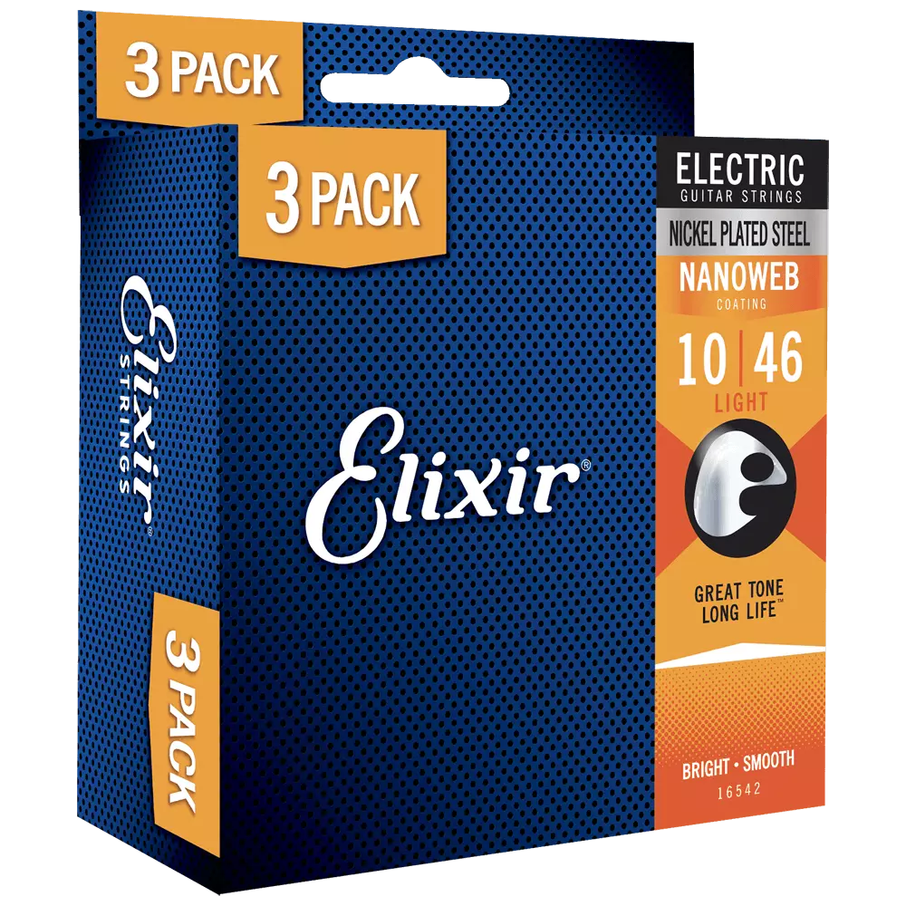 ELIXIR Nanoweb Electric Guitar Strings – Light 10-46 Gauge (Single Pack / 3-pack)