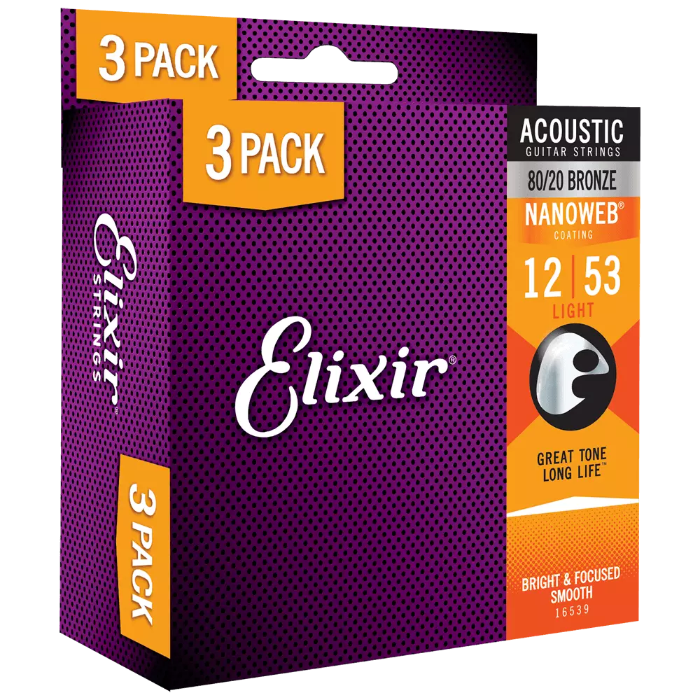 ELIXIR Nanoweb Bronze Acoustic Guitar Strings – Light 12-53 Gauge (Single Pack / 3-Pack)