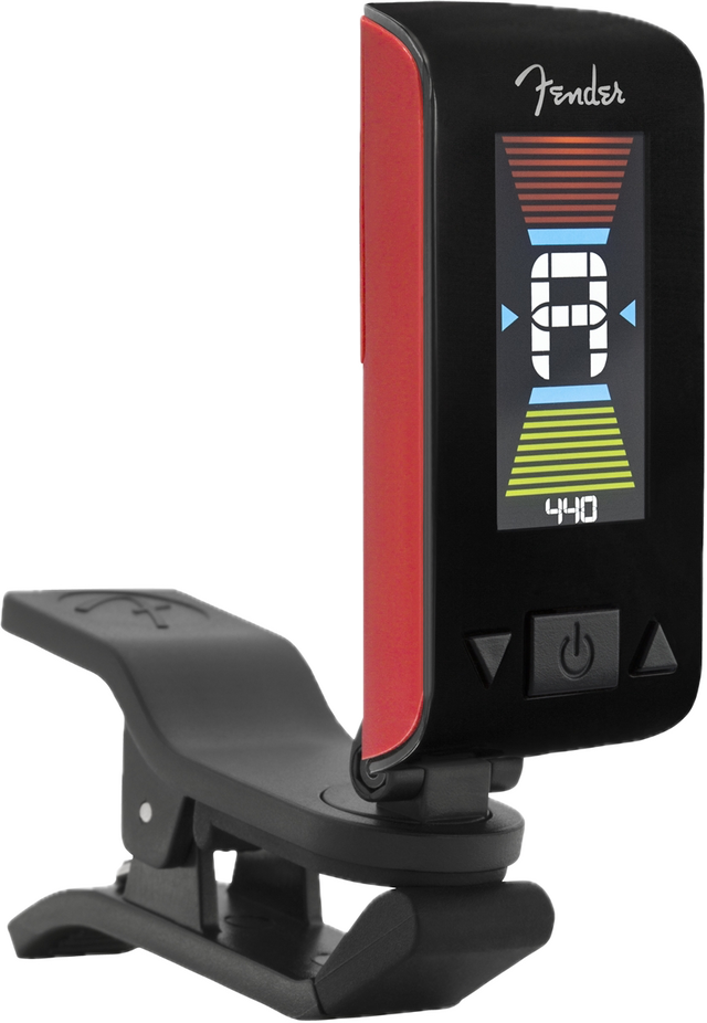 Fender Original Tuner with a bright LCD horizontal display and a 360° angle-adjustable swivel, in iconic Fender colours, designed for tuning stringed instruments.