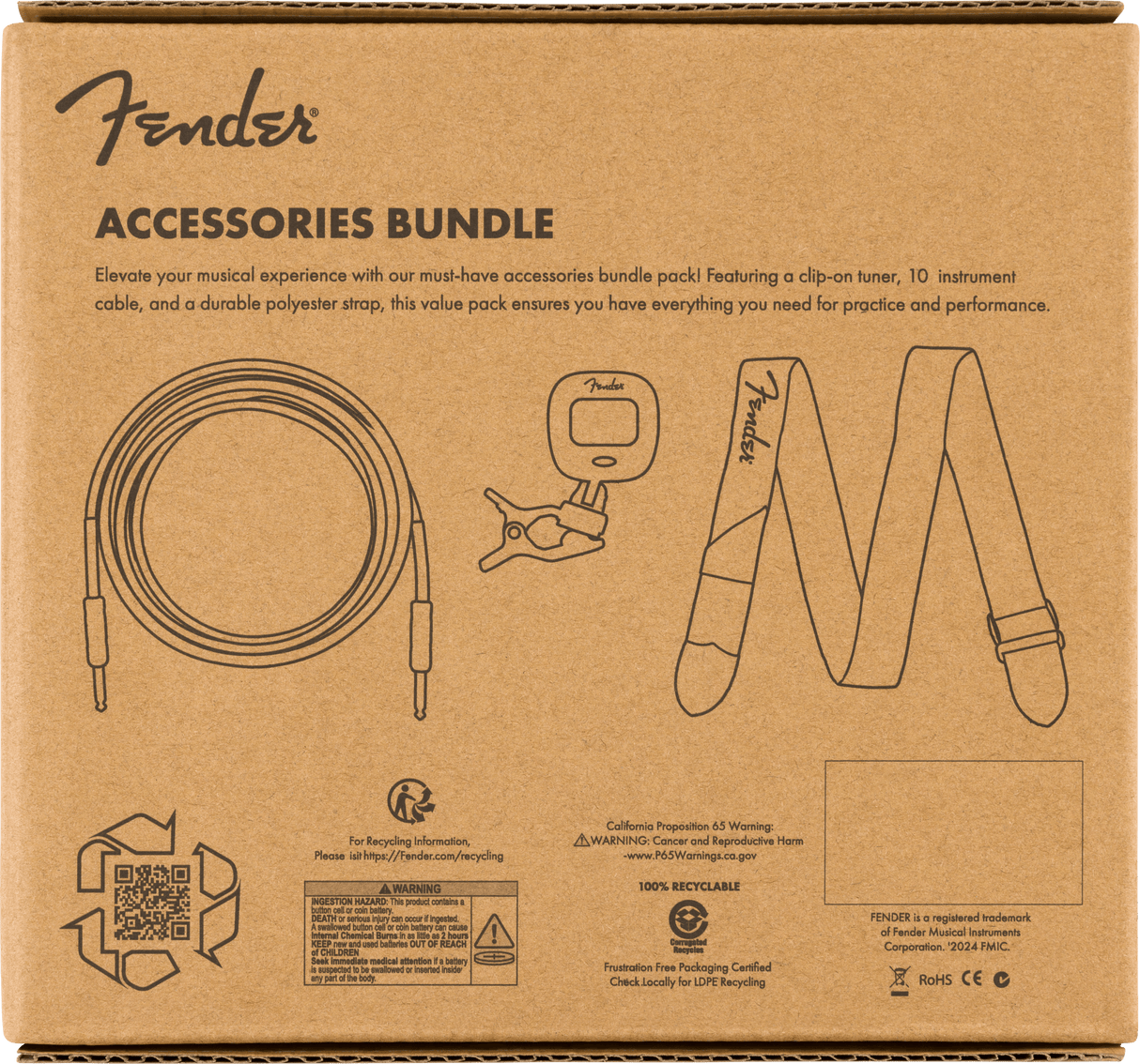 FENDER Accessory Essentials Pack - Cable, Clip-On Tuner, Strap