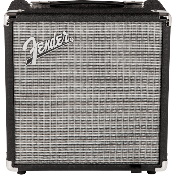 Fender Rumble 15 V3 Bass Amplifier, a compact black guitar amp with a front-facing speaker grille and the Fender logo displayed on the top.