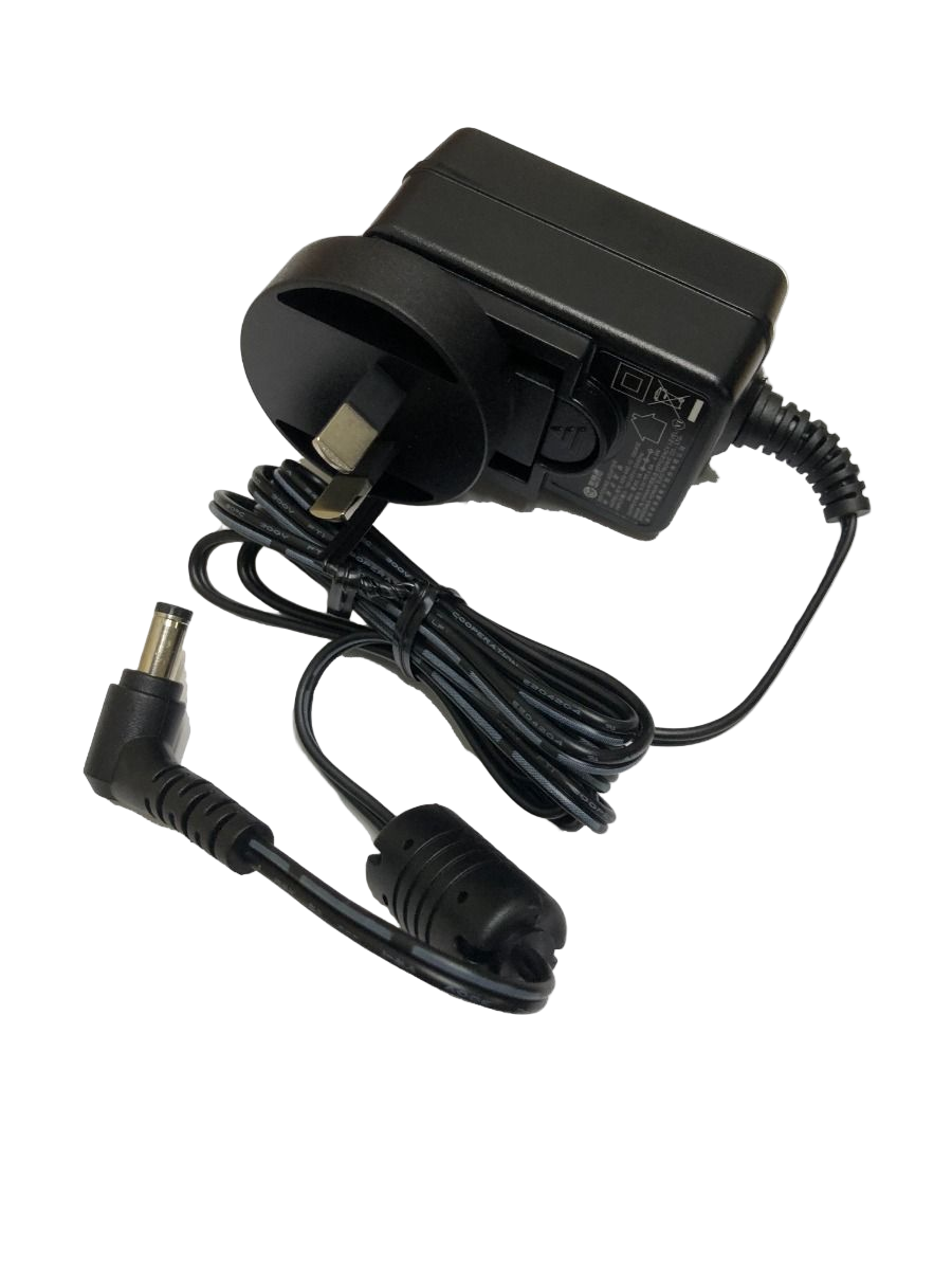 Black power adapter with plug and cable on a clear background