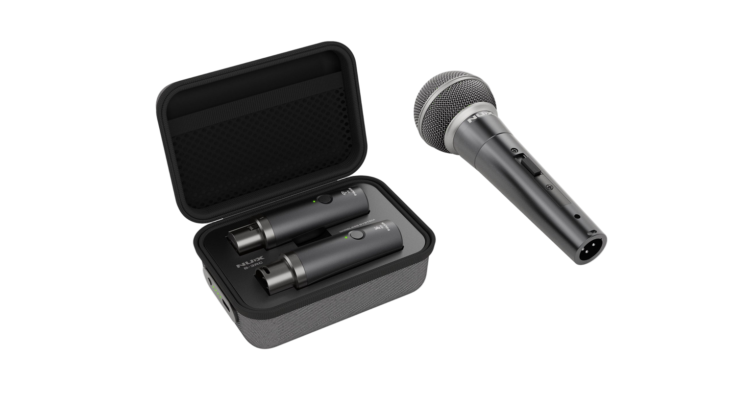 Nux Microphone with two wireless transmitters in a case on a clear background