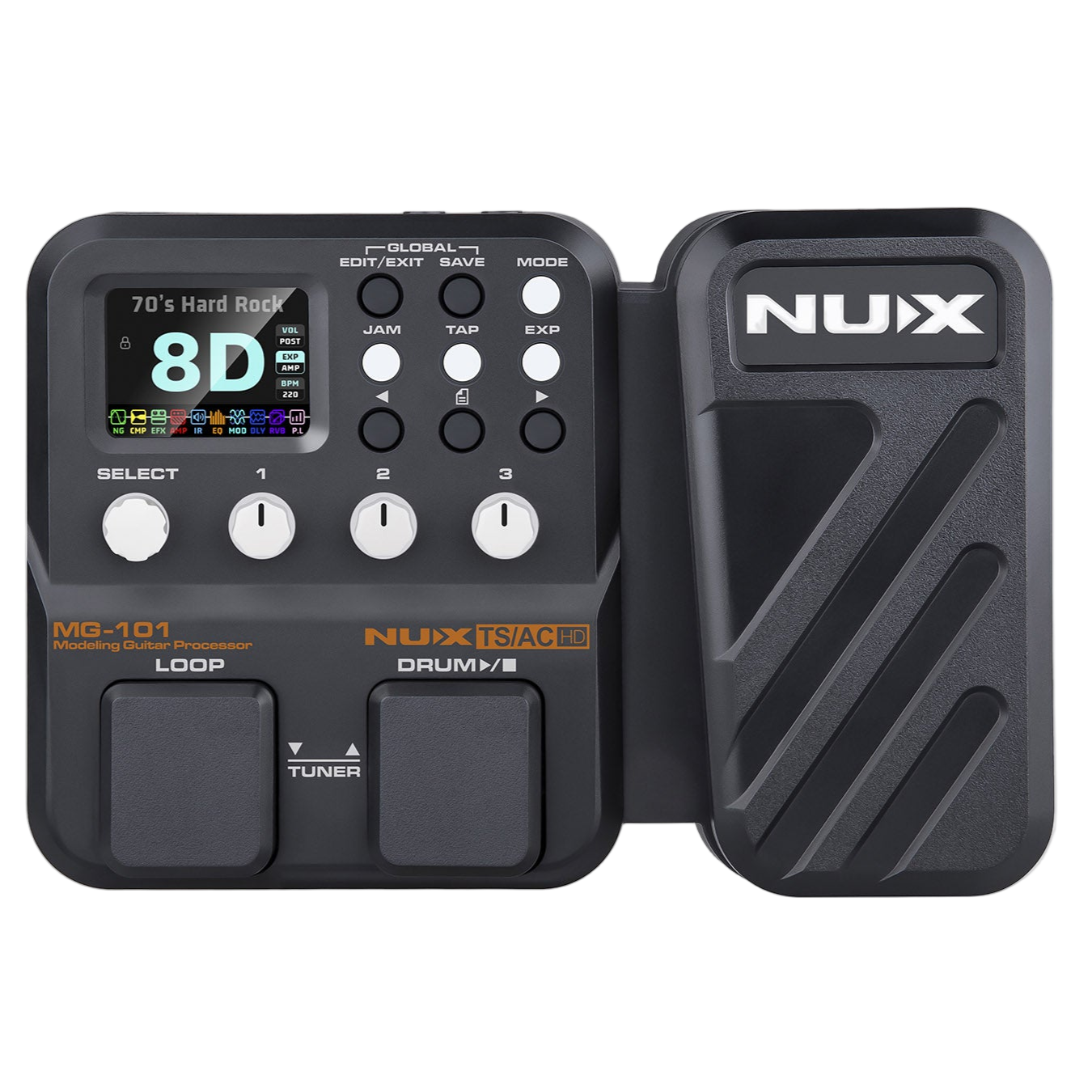 Nux multi effects and aamp modeling guitar prdal with a footboard and two foot switches in black with a white nux logo with a clear background