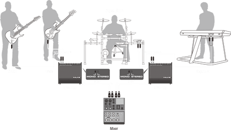 Illustration of a music setup with musicians, equipment, and instruments on a clear background