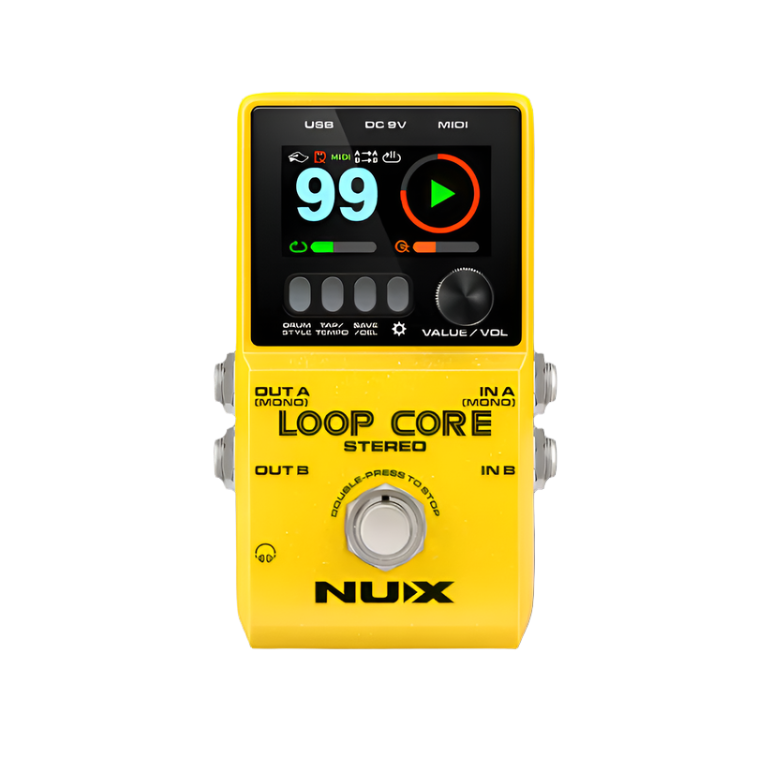 NUX Loop Core Stereo Loop Pedal, a musical instrument accessory with a yellow body, LCD display, and control knobs.