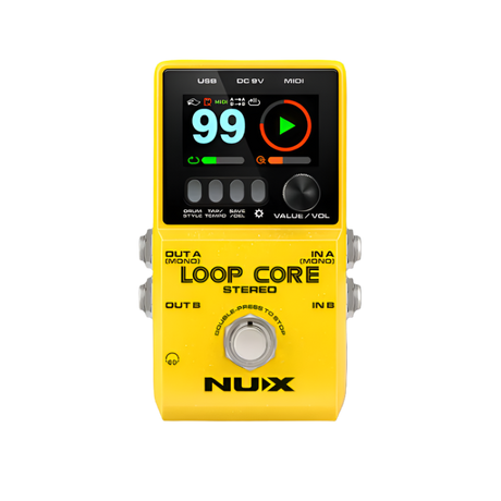 NUX Loop Core Stereo Loop Pedal, a musical instrument accessory with a yellow body, LCD display, and control knobs.