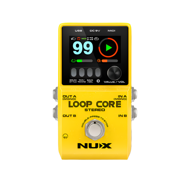 NUX Loop Core Stereo Loop Pedal, a musical instrument accessory with a yellow body, LCD display, and control knobs.