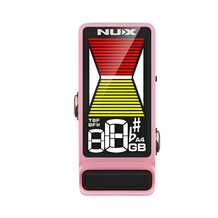 A NUX Flow Tune Guitar Tuner Pedal with a bright, full-color display, in a pink color.