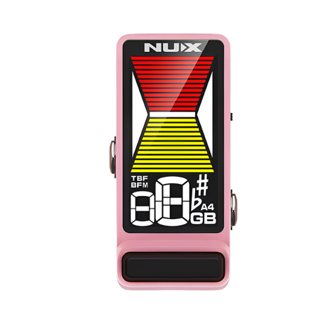 A NUX Flow Tune Guitar Tuner Pedal with a bright, full-color display, in a pink color.