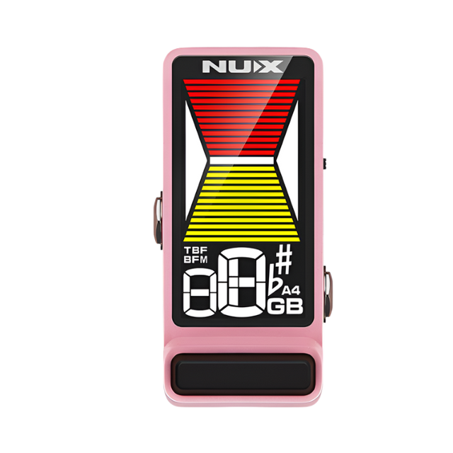 A NUX Flow Tune Guitar Tuner Pedal with a bright, full-color display, in a pink color.