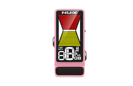 A NUX Flow Tune Guitar Tuner Pedal with a bright, full-color display, in a pink color.