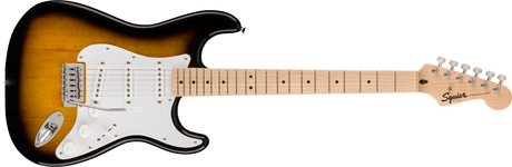 A Squier by Fender Sonic Stratocaster Electric Guitar with a sunburst finish, a white pickguard, and chrome-plated hardware.