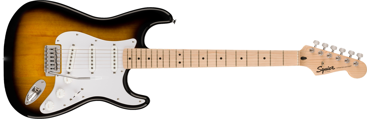 A Squier by Fender Sonic Stratocaster Electric Guitar with a sunburst finish, a white pickguard, and chrome-plated hardware.