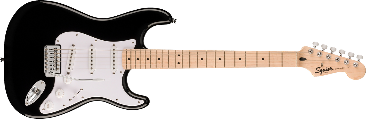 A Squier by Fender Sonic Stratocaster Electric Guitar with a sunburst finish, a clear pickguard, and chrome-plated hardware.