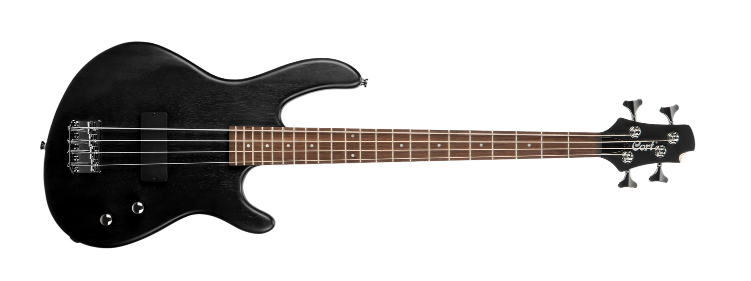 Black electric bass guitar on a clear background