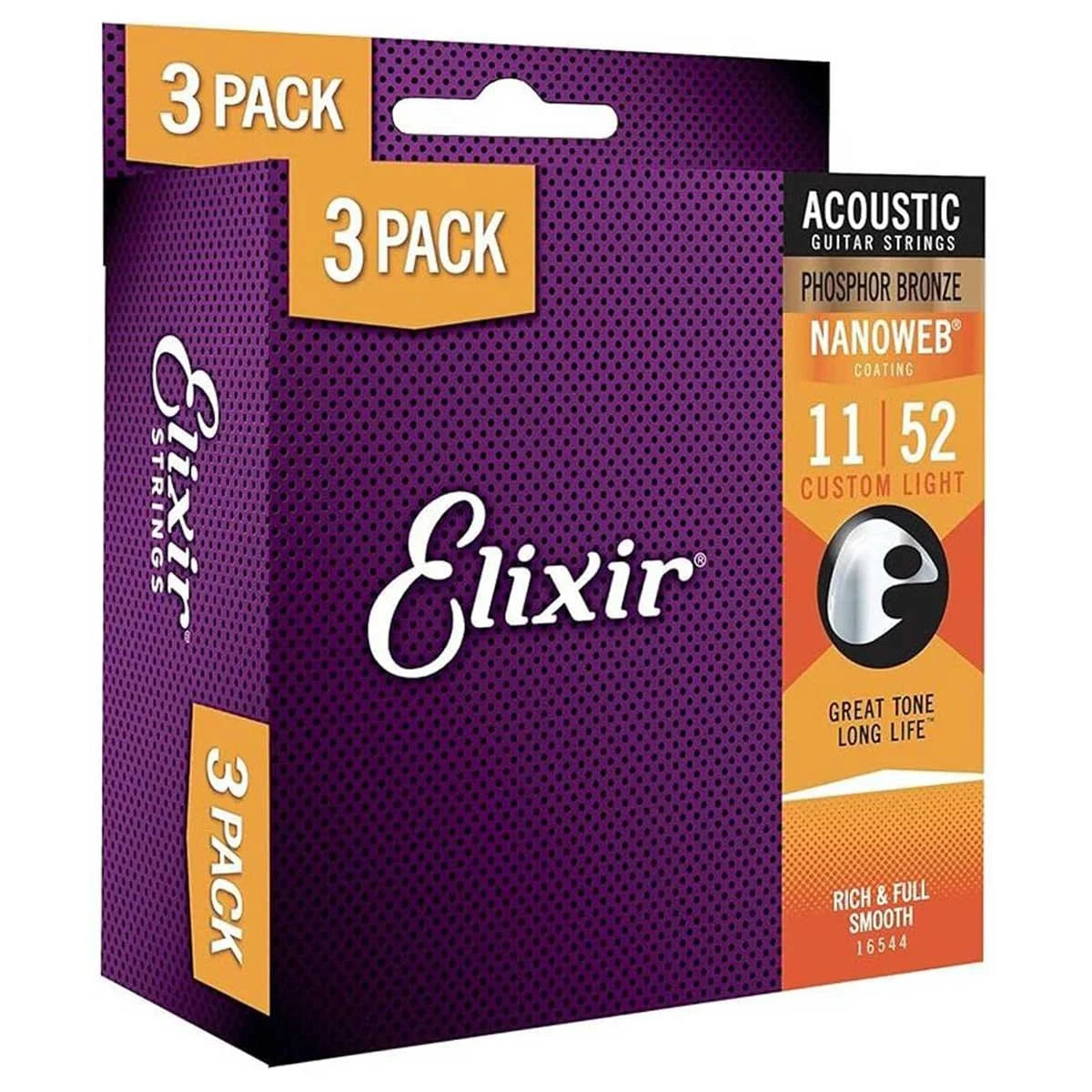 ELIXIR Nanoweb Phosphor Bronze Acoustic Guitar Strings – Custom Light 11-52 Gauge (Single Pack / 3-pack)