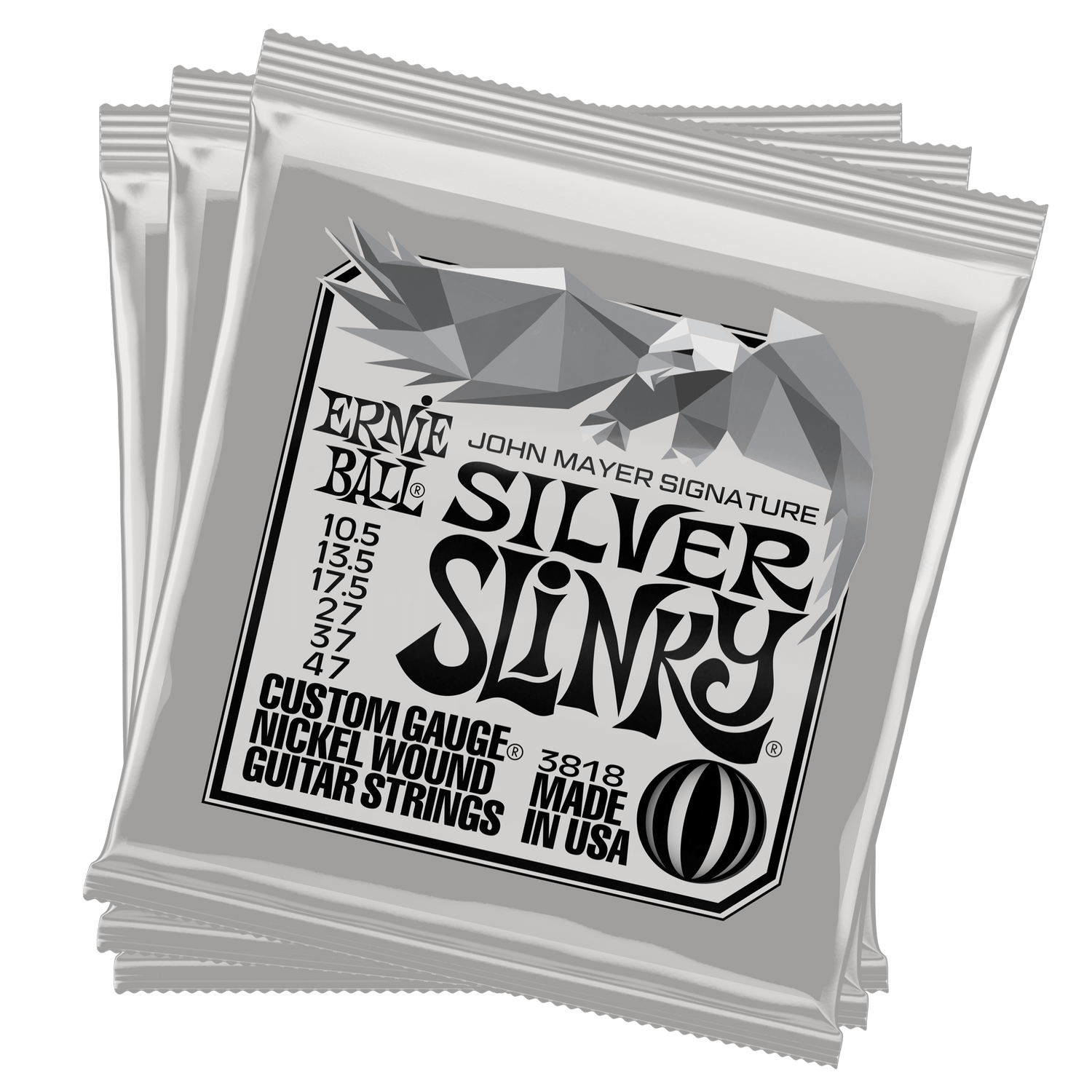 3-pack of Ernie Ball John Mayer Silver Slinky Signature electric guitar strings displayed