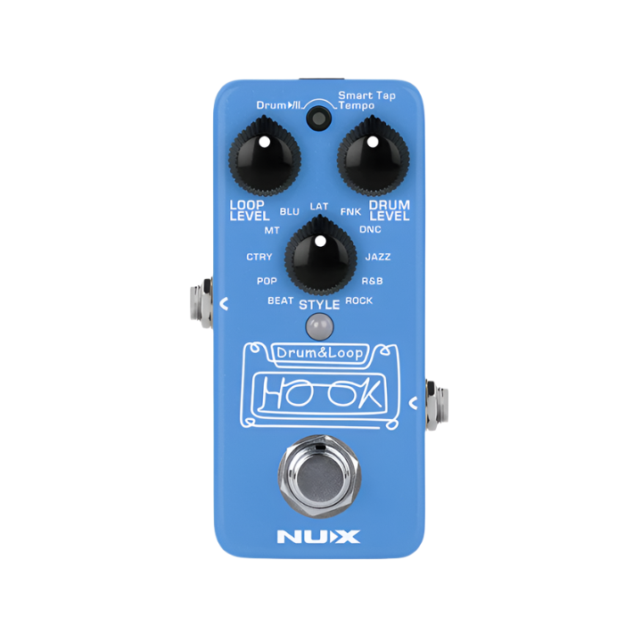 NUX NDL-3 HOOK Mini Drum & Loop Pedal, blue with knobs and LEDs, designed for creating synchronized drum beats and phrase loops.