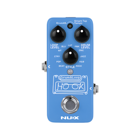NUX NDL-3 HOOK Mini Drum & Loop Pedal, blue with knobs and LEDs, designed for creating synchronized drum beats and phrase loops.
