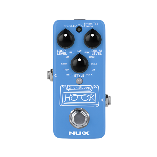 NUX NDL-3 HOOK Mini Drum & Loop Pedal, blue with knobs and LEDs, designed for creating synchronized drum beats and phrase loops.