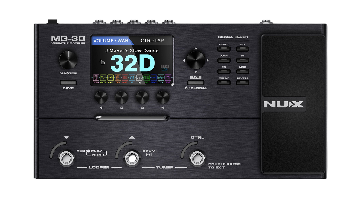 NUX MG-30 multi-effects pedal on a clear background