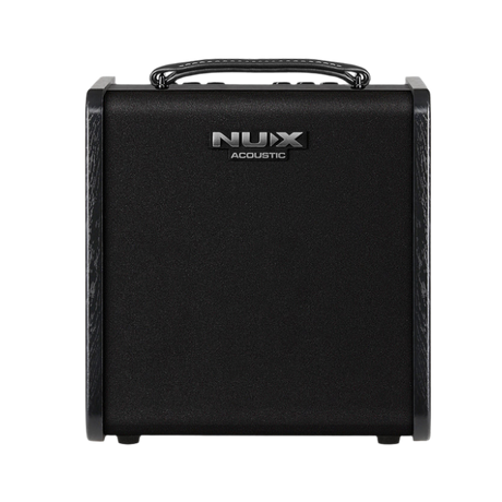 NUX Stageman II AC-60 Acoustic Guitar Amplifier shown front panel with wood finish and handle